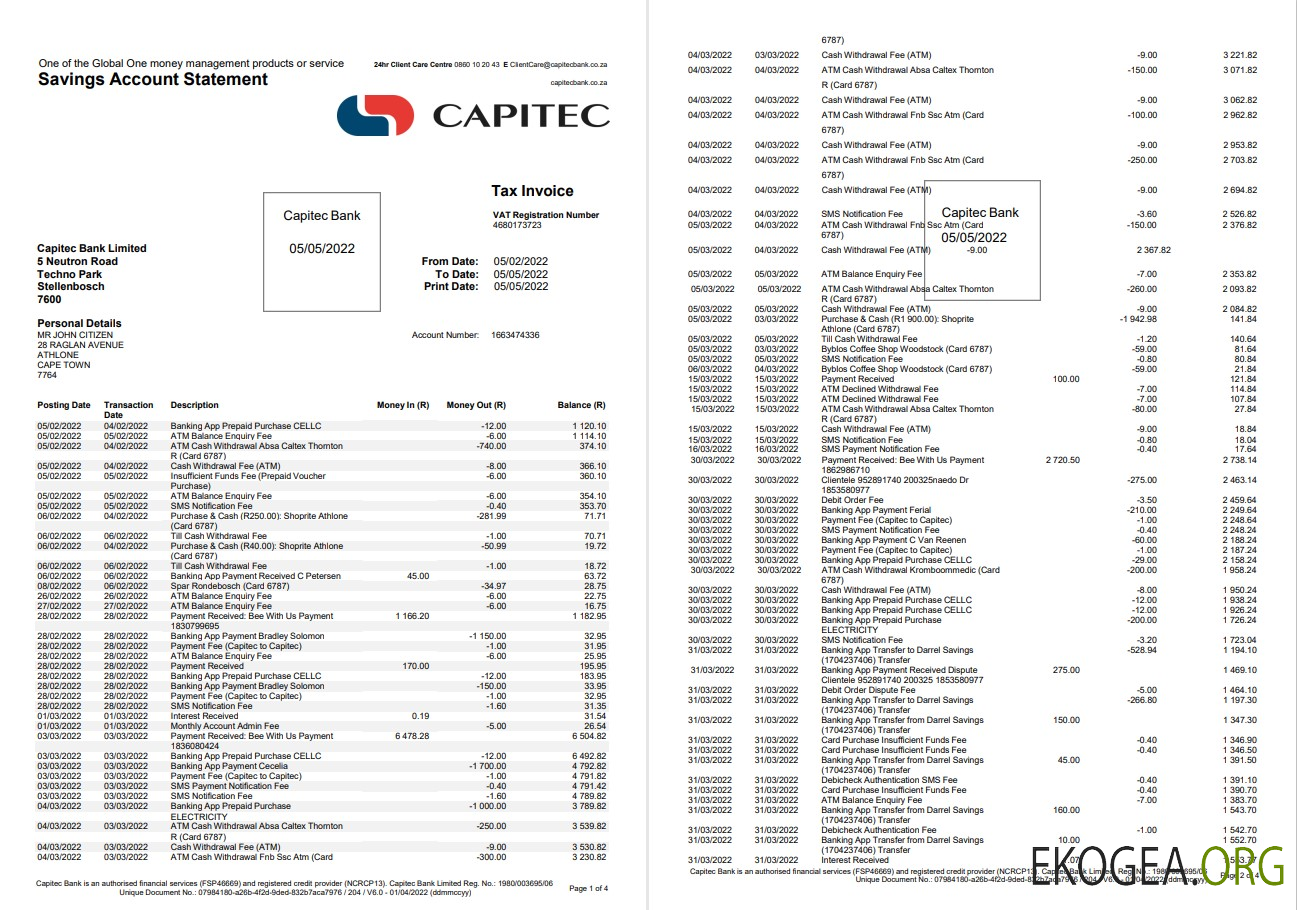 Afrique du Sud Relevé de compte d'épargne bancaire Capitec 4 pages